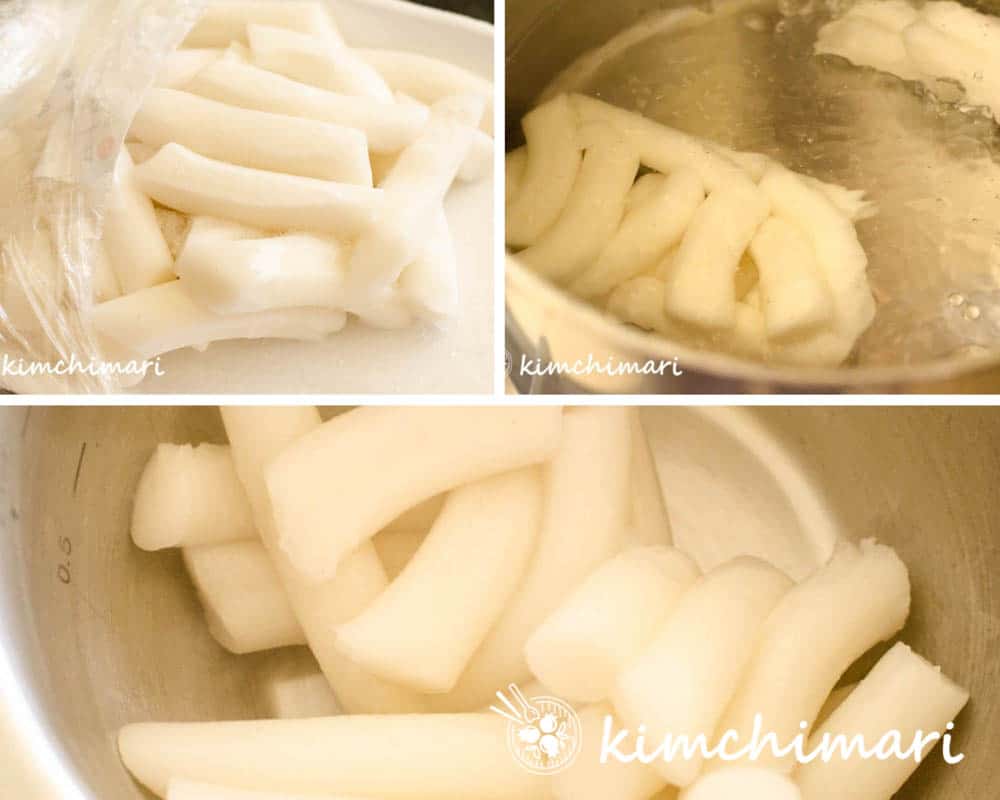 steps for blanching frozen tteok in boiling water
