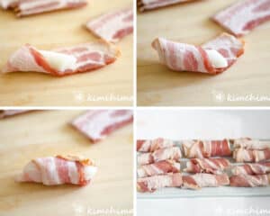step by step pics of wrapping tteokbokki tteok with bacon