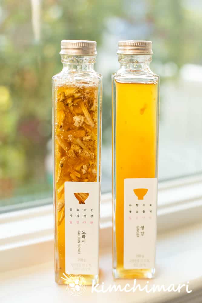 korean ginger and bellflower syrups in glass bottles