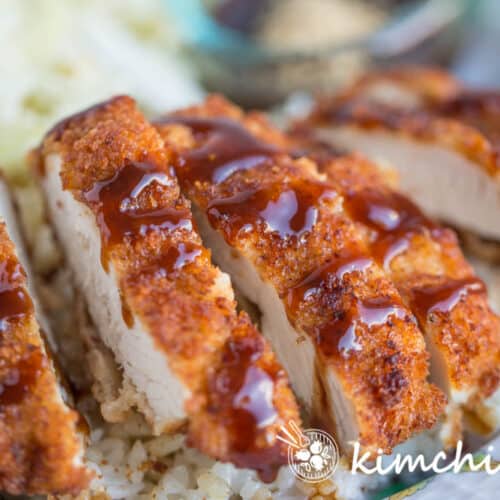 chicken katsu sliced drizzled with sauce on plate