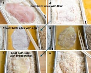 step by step pics of dredging chicken in flour, egg, bread crumbs for chicken katsu