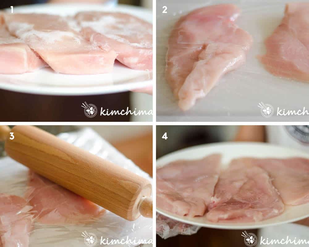 pounding chicken breast with rolling pin