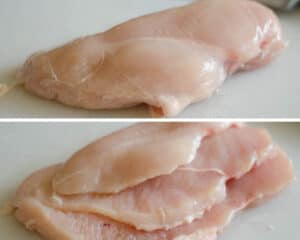 slicing chicken breast thinly with knife