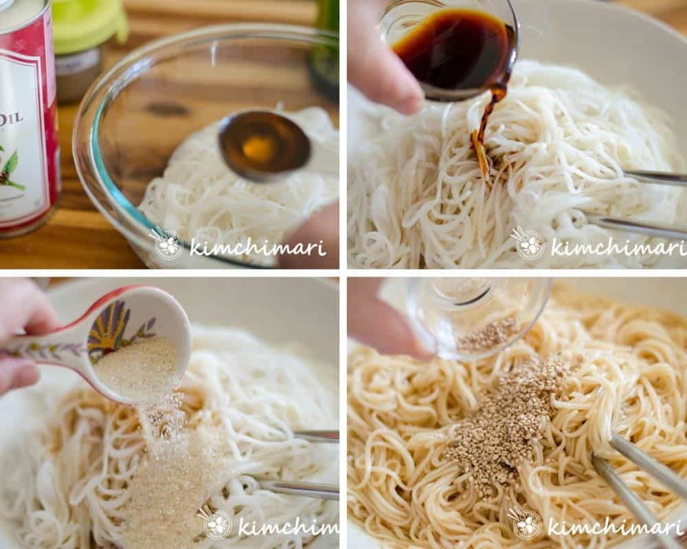 4 pics of adding seasonings to noodles in bowl