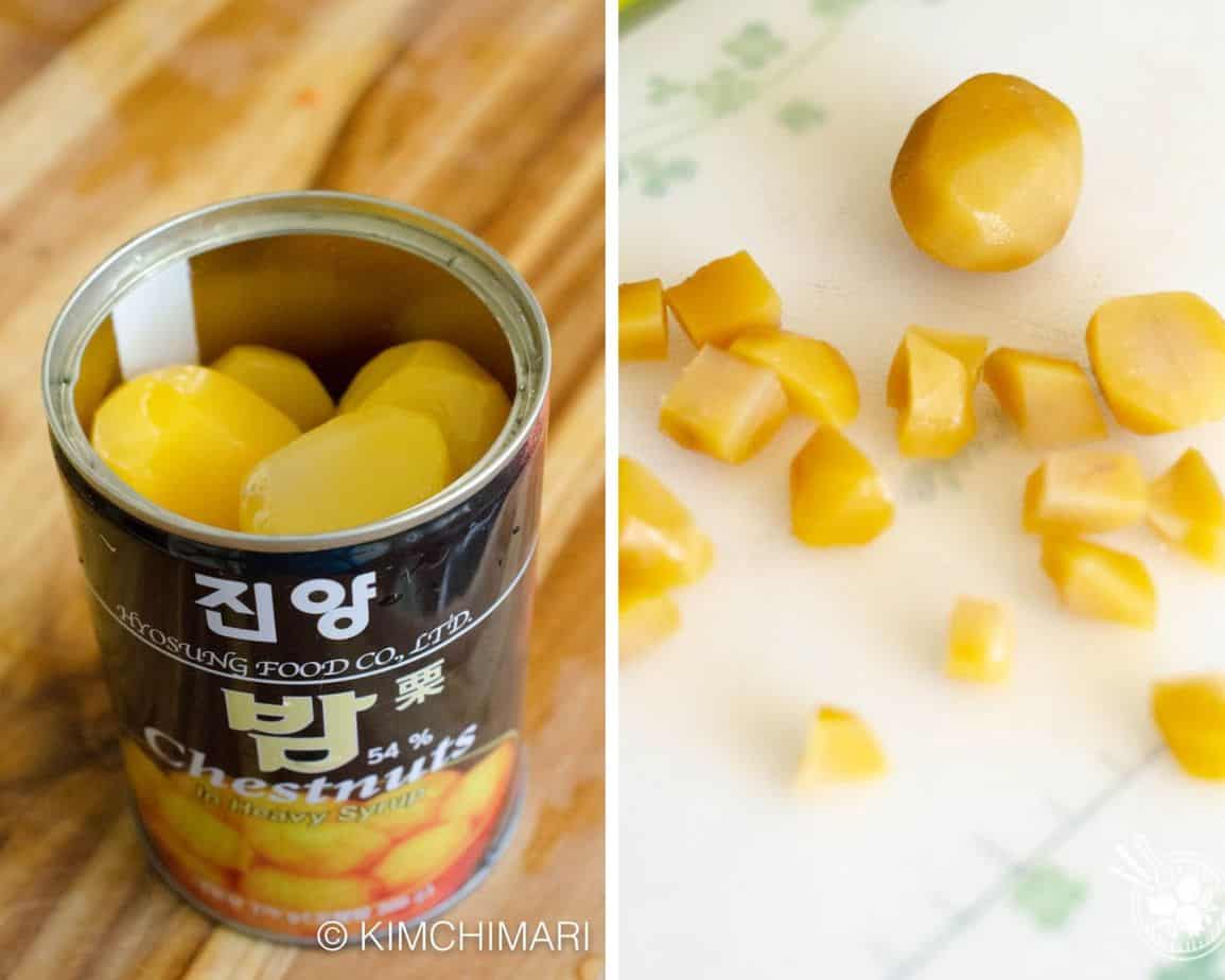 korean canned chestnuts in syrup and cut pieces on board