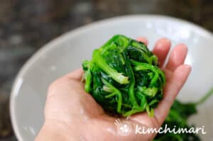 spinach with water squeezed in the form of a ball on hand