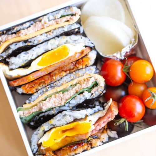 korean folded kimbaps in square lunch box