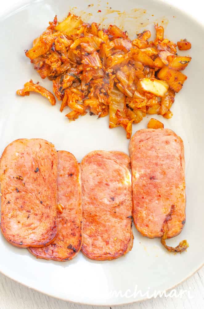 sauteed kimchi and fried spam on plate