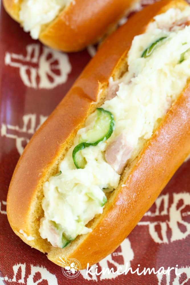korean potato salad sandwich or salada ppang in hot dog bun