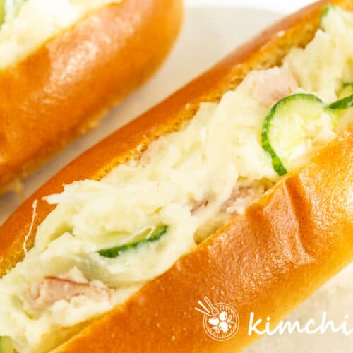 korean salada ppang - korean potato salad sandwich in hotdog bun