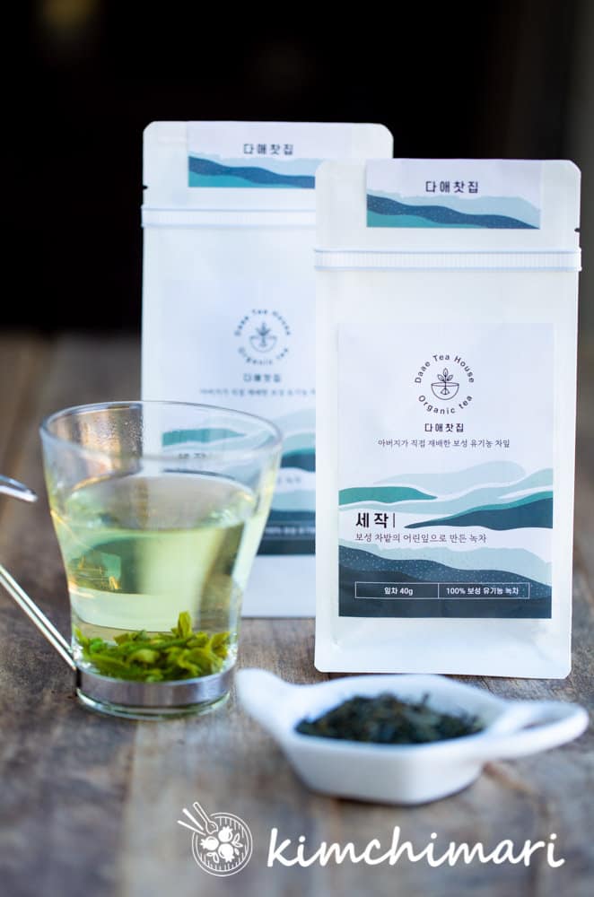 korean organic green tea nokcha bag with cup of tea