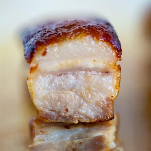 close up of roasted pork belly cross section