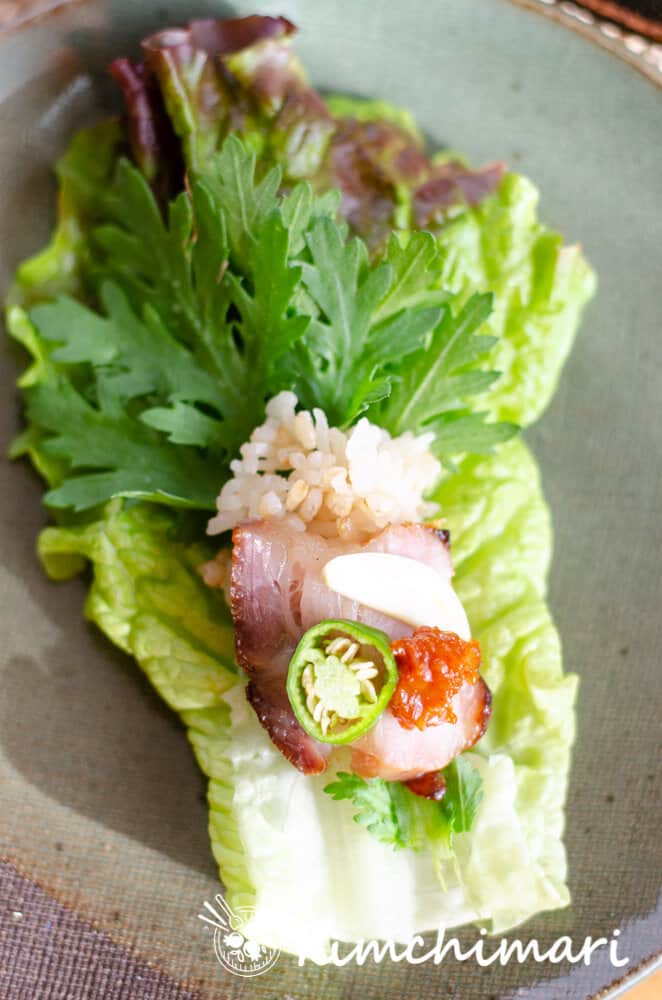 pork belly on ssam lettuce with ssukat