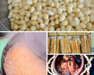 collage of pics showing soybeans cooking, meju blocks and ganjang