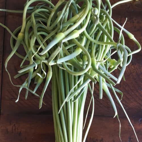 a bunch of uncut garlic stems