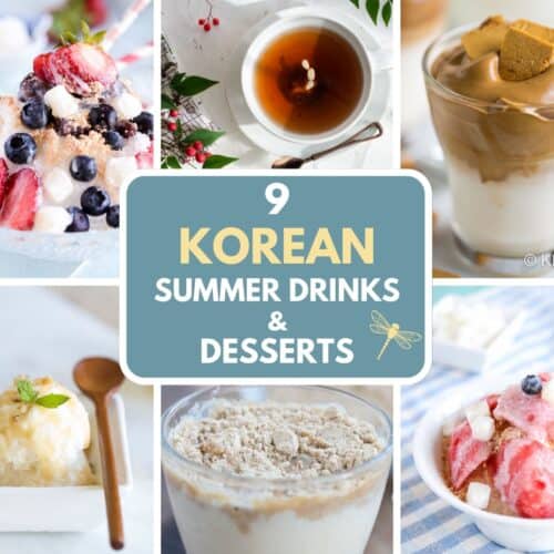 photo collage of 9 korean summer drinks and desserts