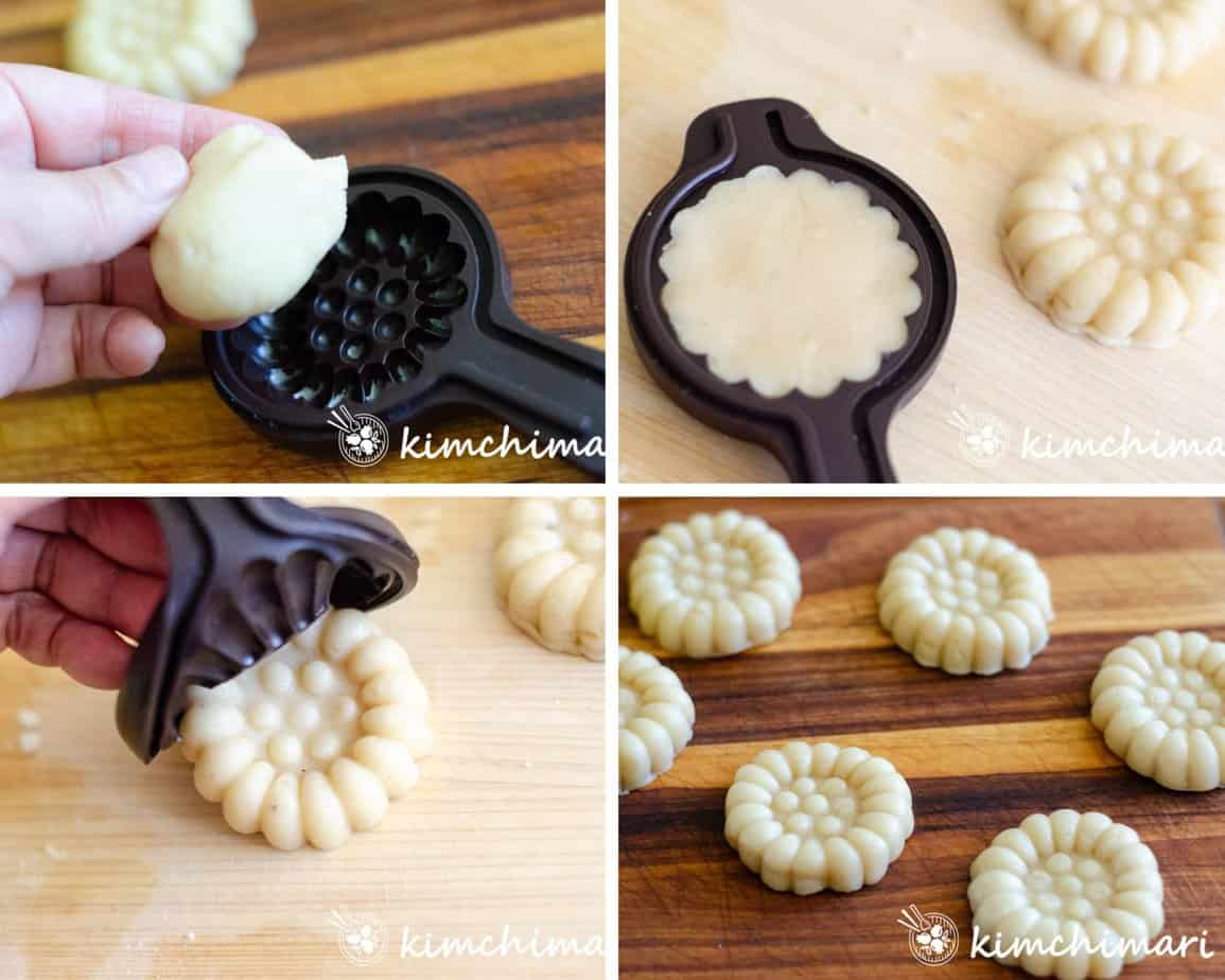 step by step pics of putting dough into flower mold then releasing dough from it