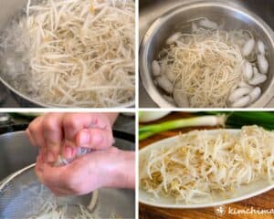 4 step by step pics of blanching bean sprouts, ice bath and squeezing them
