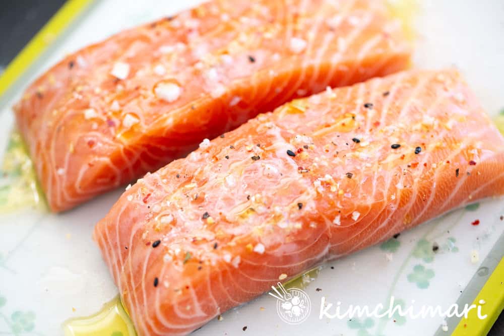raw salmon pieces seasoned with kimchimari seoul bbq salt blend