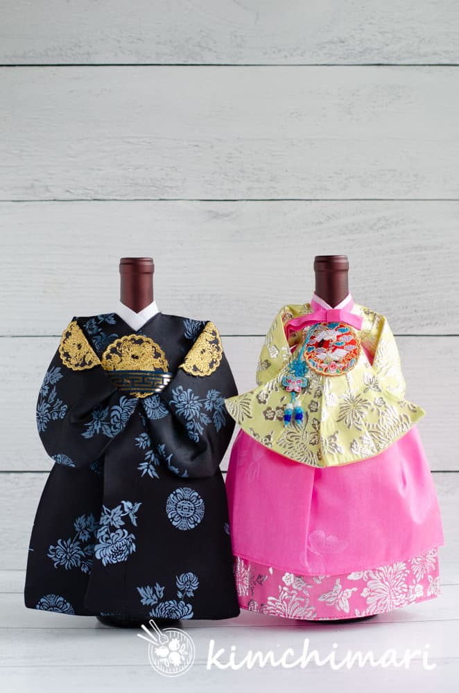 korean pink yellow and navy blue hanbok winecovers