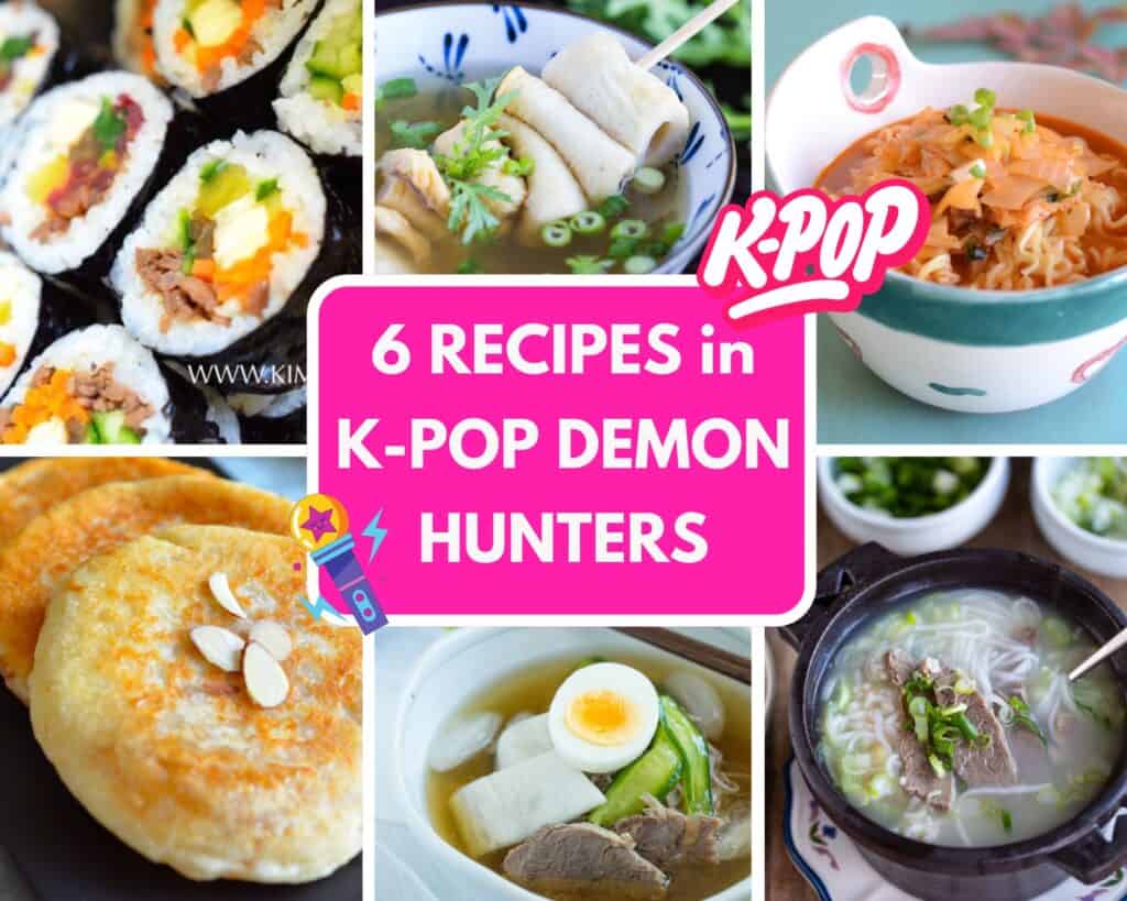 collage image of 6 korean foods in k pop demon hunters movie