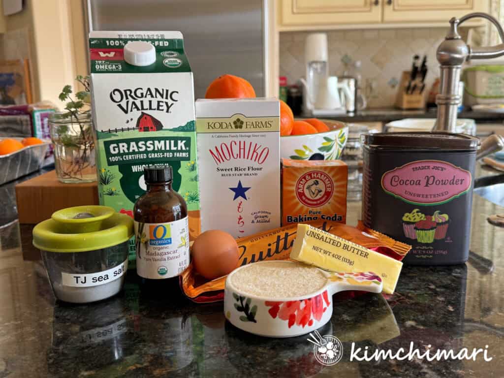chocolate mochi brownie ingredients on kitchen counter